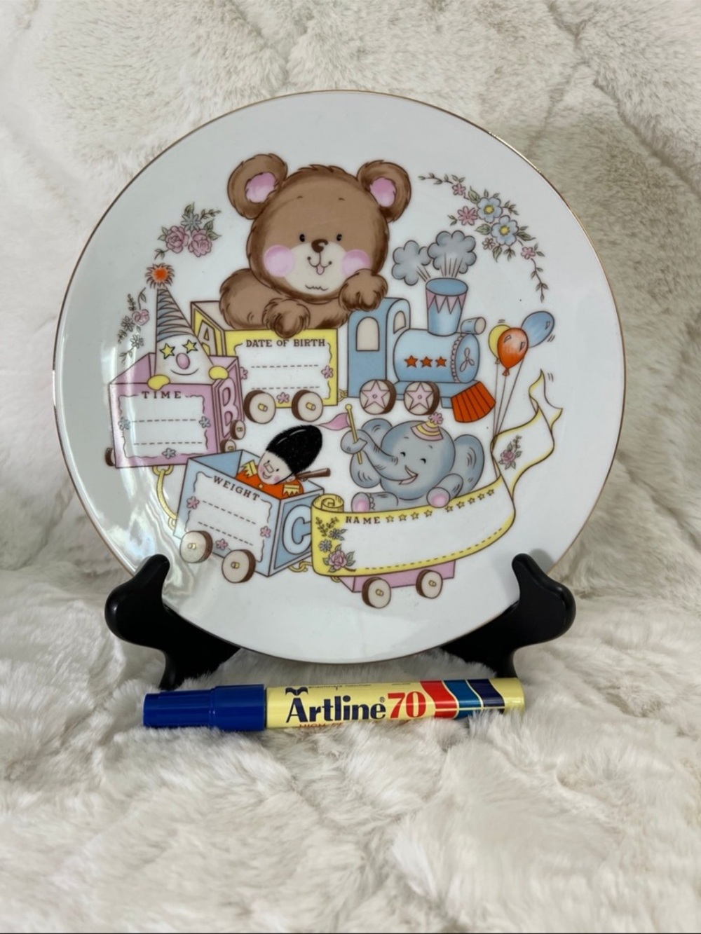 Vintage Baby Plate Teddy Bear Train Keepsake w Pen Made in Japan Gift